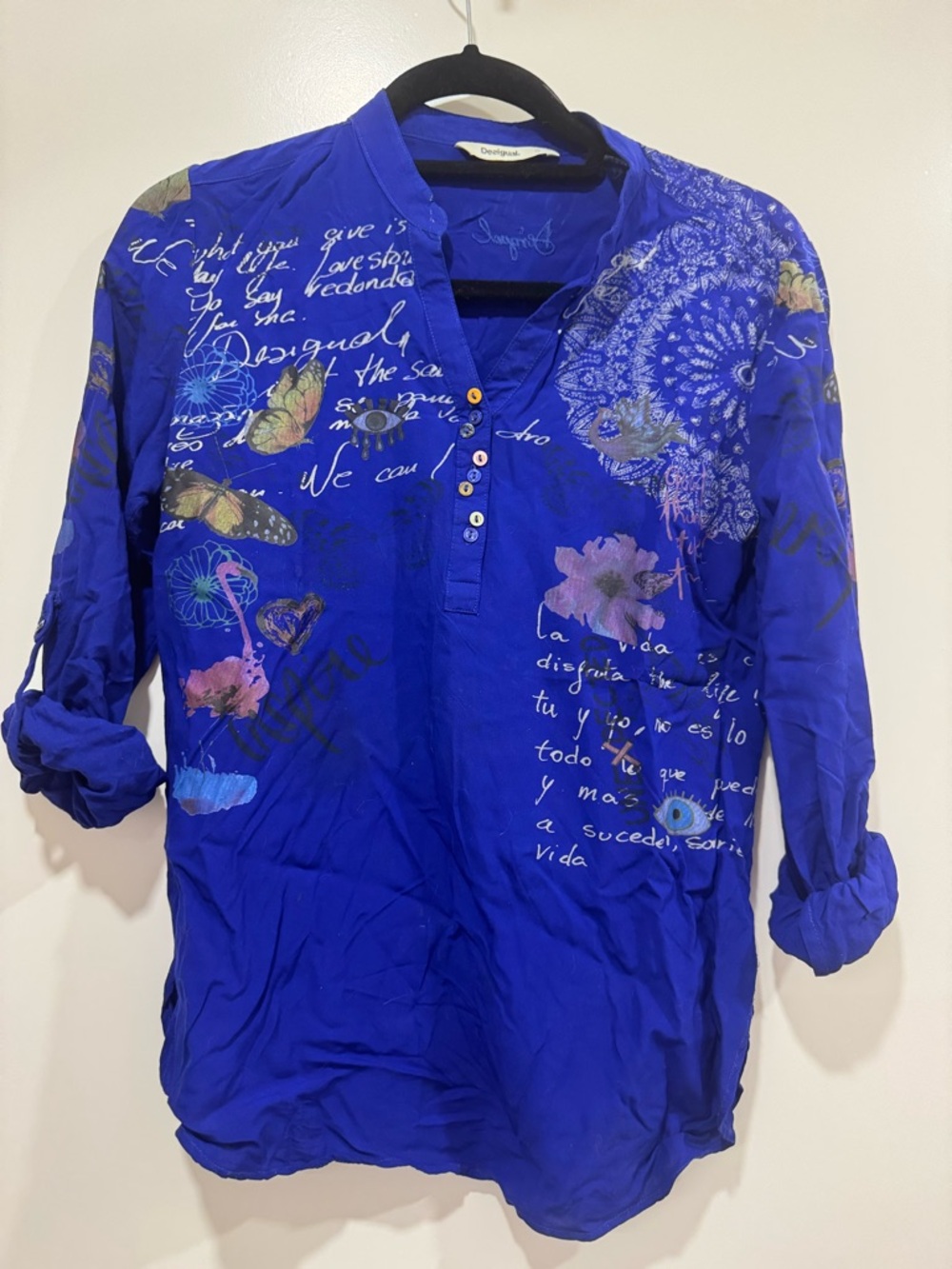 Desigual Cobalt Blue Printed Button-Front Tunic with Multicolor Motifs